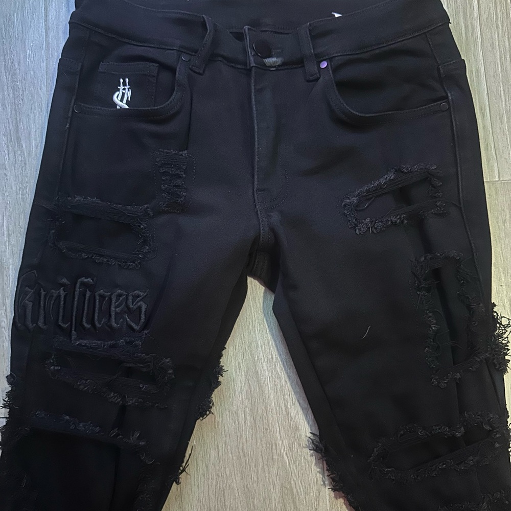 Sackrifices Black Distressed Jeans with Embroidered Details